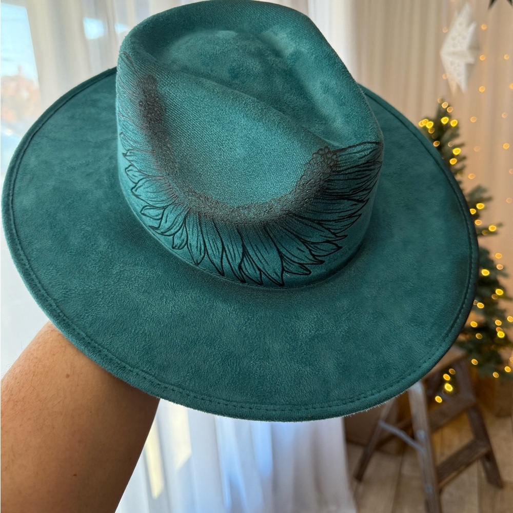Teal Wide-Brim Hat with burned sunflower design